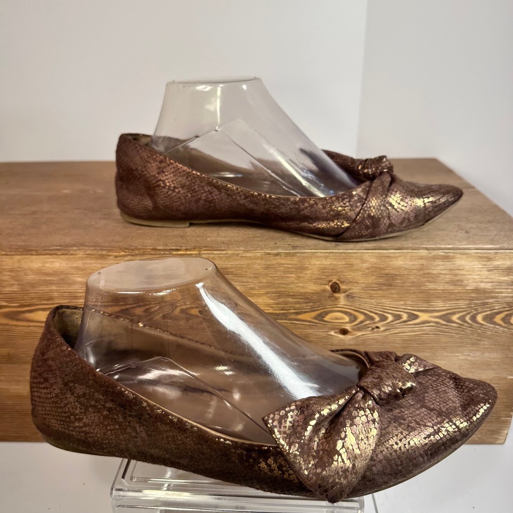 Express Metallic Bronze Bow Pointed Toe Ballet Flats Womens 9 Y2K Coquette Snake